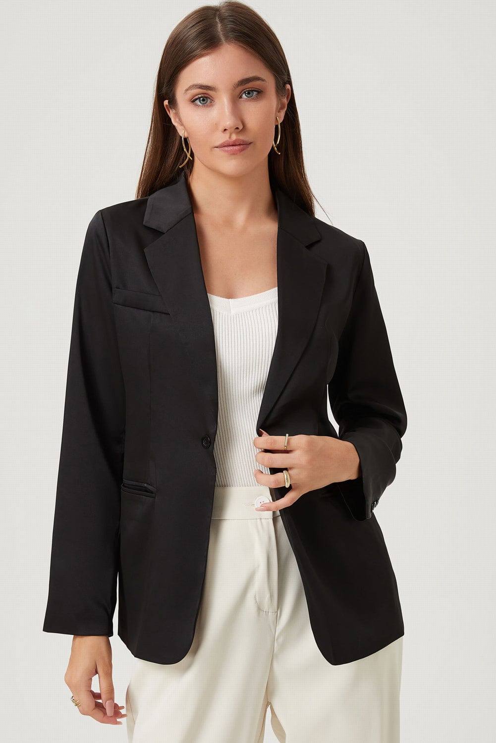 Long Sleeve Lapel Collar Blazer Black - Fashorio