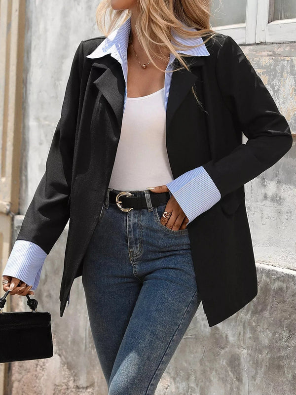Striped Collar Long Sleeve Fake Two-Piece Blazer Black - Fashorio