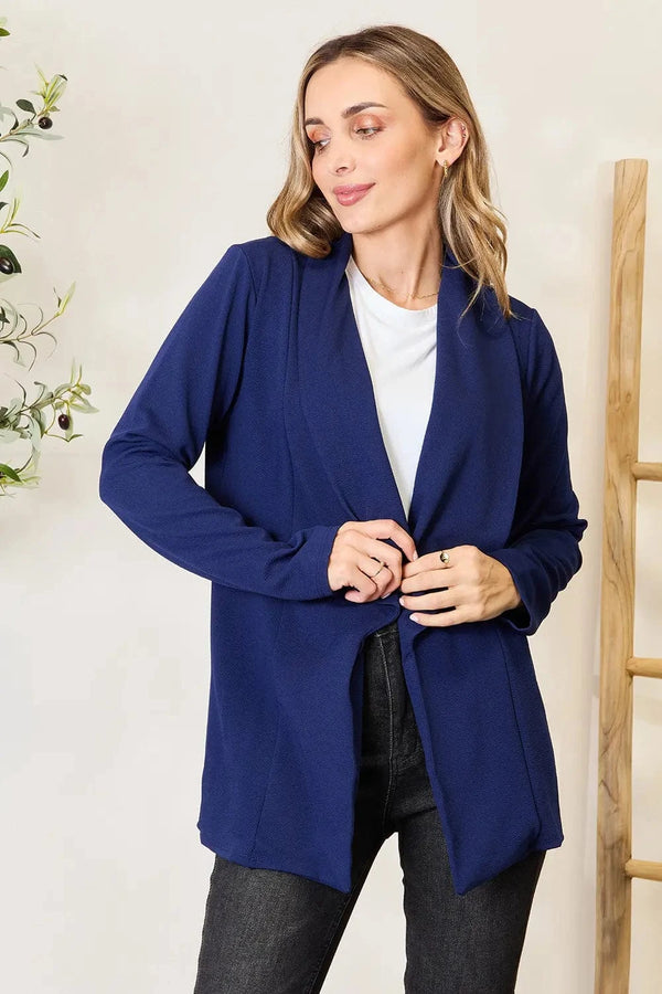 Heimish Full Size Statement Neck Open Front Blazer Dark Blue - Fashorio