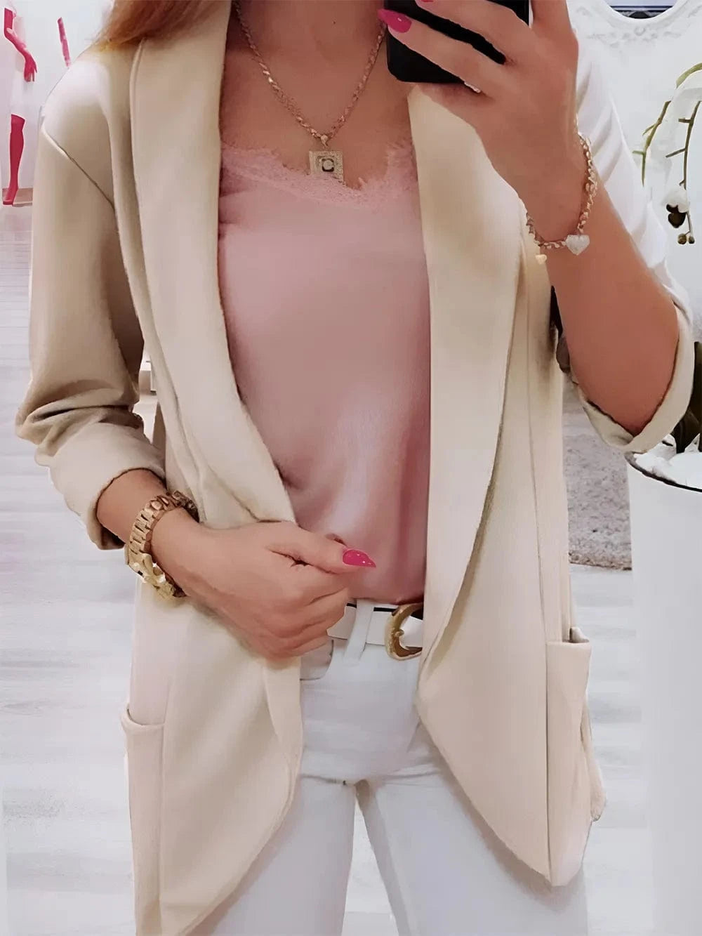 Collared Neck Long Sleeve Blazer Dust Storm - Fashorio
