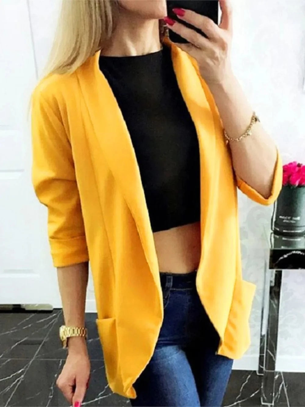 Collared Neck Long Sleeve Blazer Gold - Fashorio