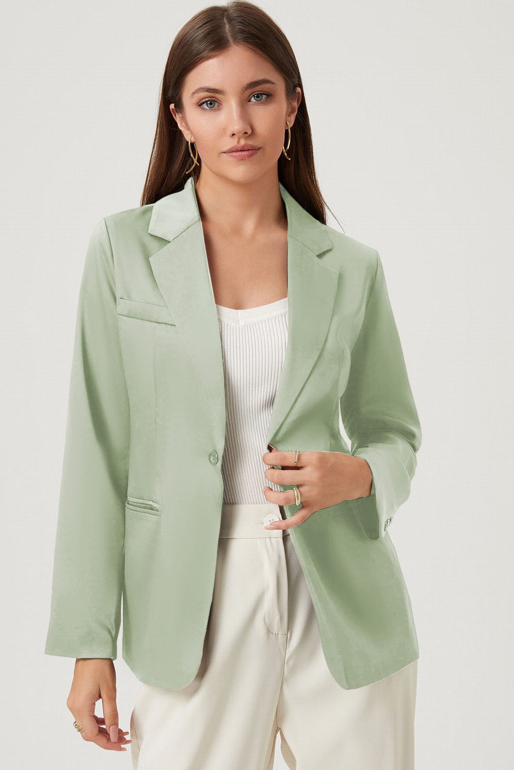 Long Sleeve Lapel Collar Blazer Gum Leaf - Fashorio