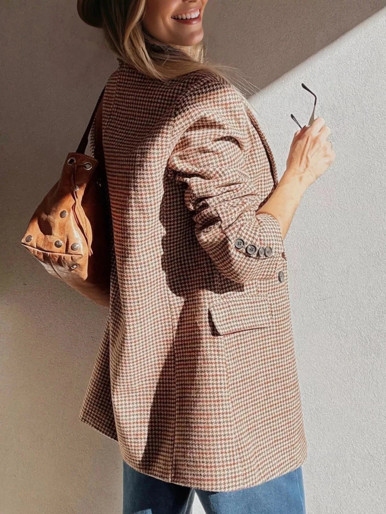 Houndstooth Lapel Collar Blazer - Fashorio