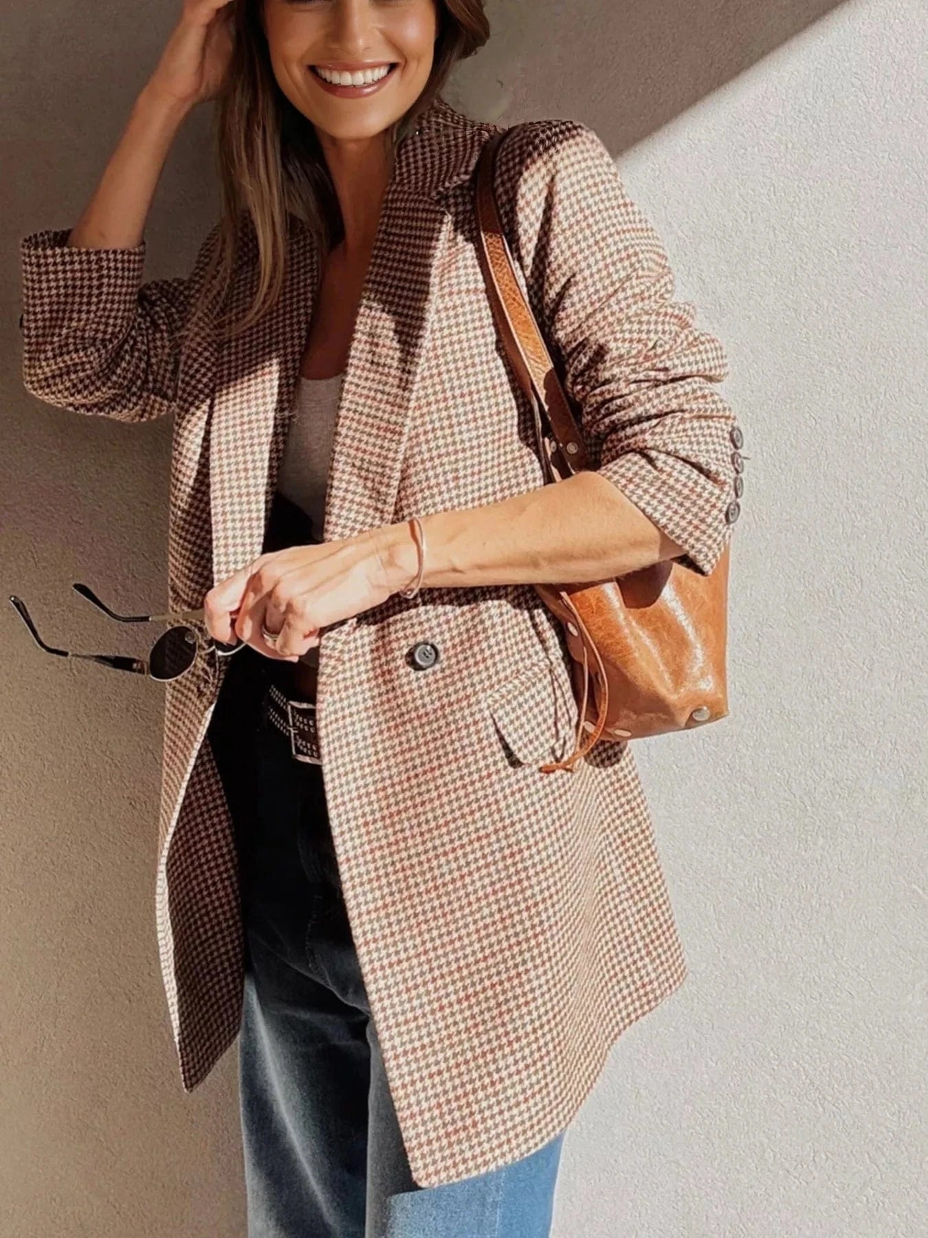 Houndstooth Lapel Collar Blazer - Fashorio