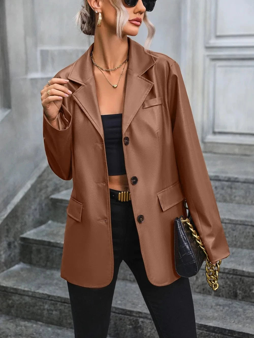 Ivy Lane Pocketed Button Up Collared Neck Blazer - Fashorio