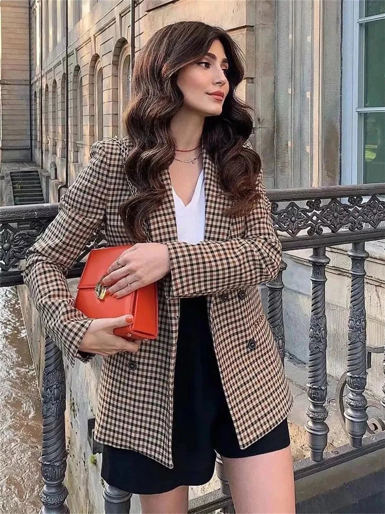 Plaid Lapel Collar Long Sleeve Blazer Khaki - Fashorio