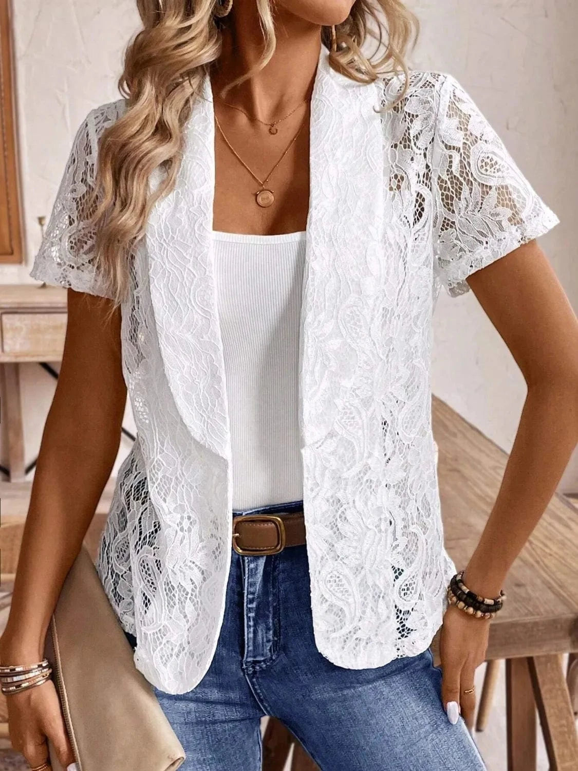 Lapel Collar Lace Blazer - Fashorio
