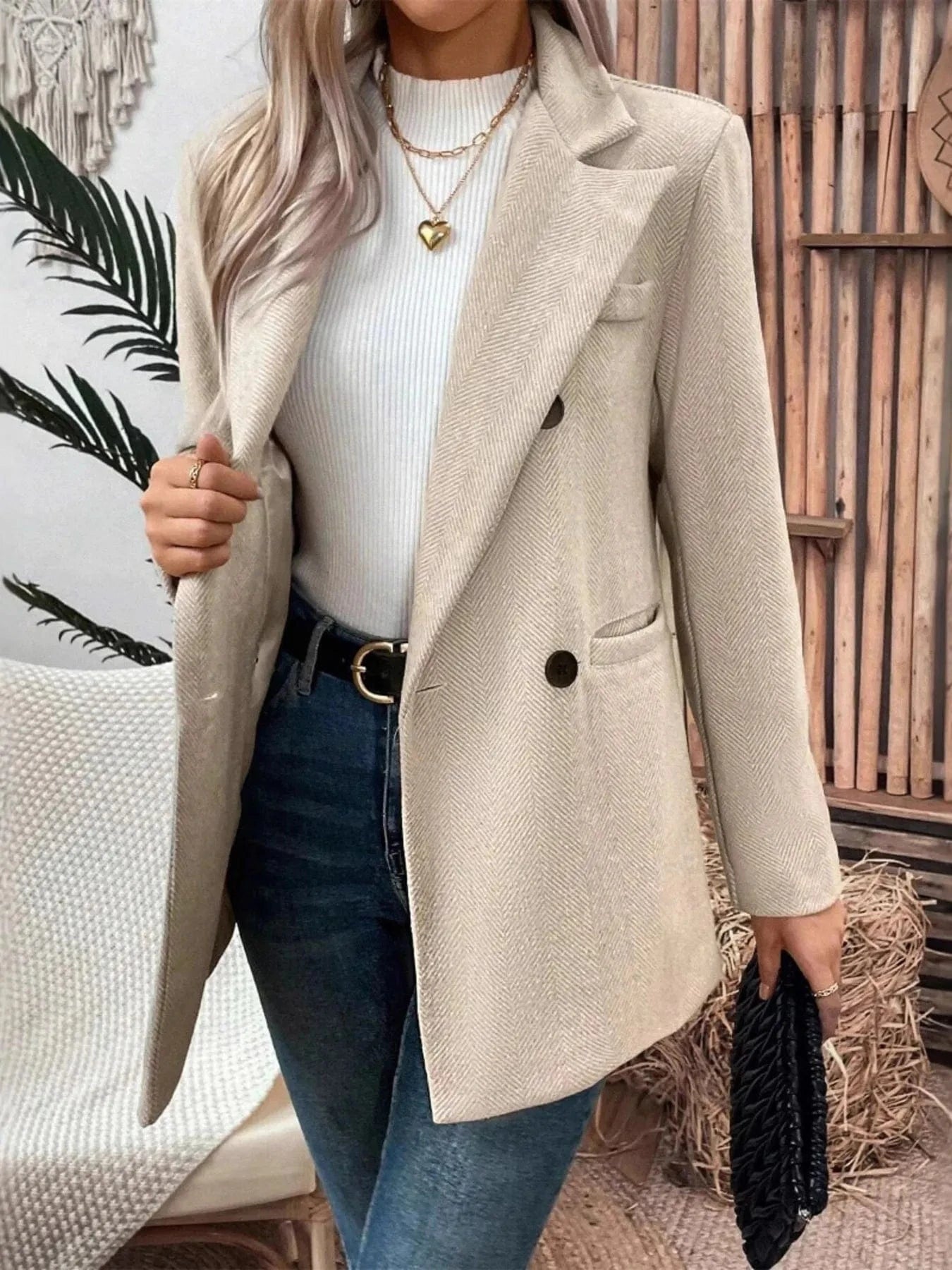 Lapel Collar Long Sleeve Blazer - Fashorio