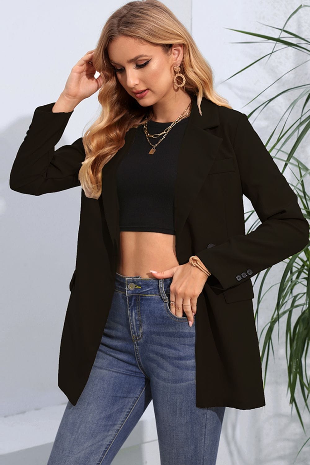 Lapel Neck Long Sleeve Blazer with Pockets - Fashorio