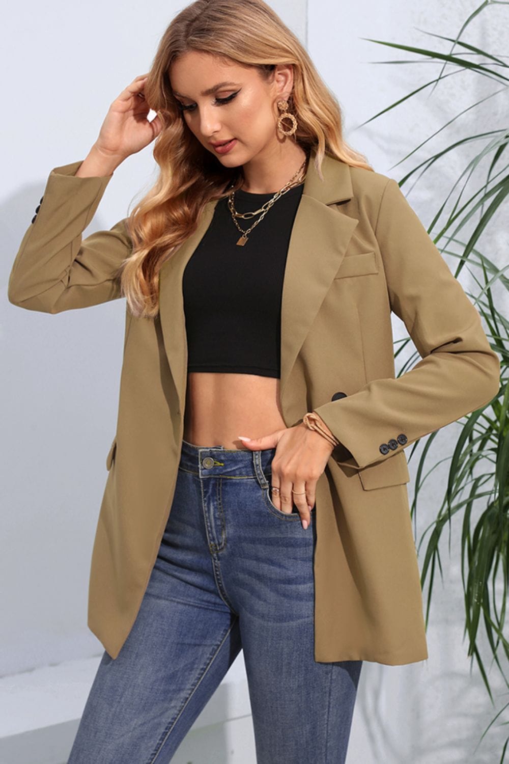 Lapel Neck Long Sleeve Blazer with Pockets - Fashorio