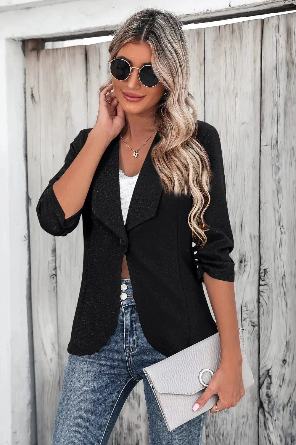One Button Collared Neck Ruched Sleeve Blazer - Fashorio