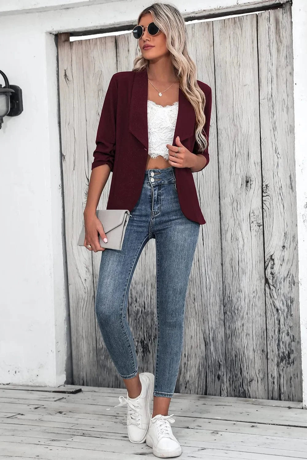 One Button Collared Neck Ruched Sleeve Blazer - Fashorio