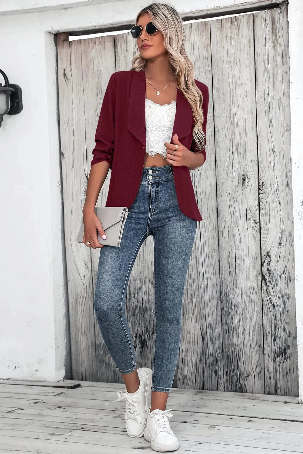 One Button Collared Neck Ruched Sleeve Blazer - Fashorio