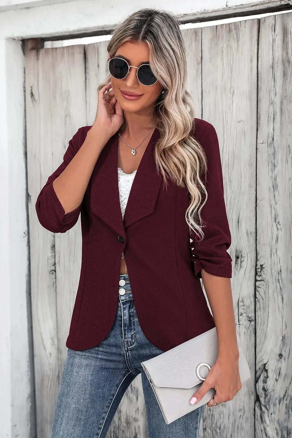 One Button Collared Neck Ruched Sleeve Blazer - Fashorio