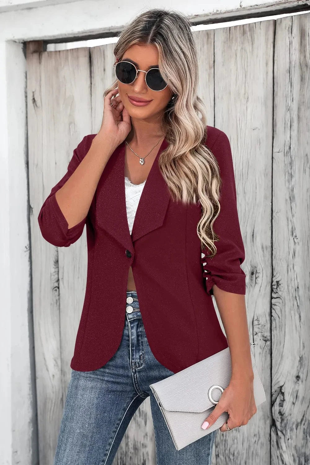 One Button Collared Neck Ruched Sleeve Blazer - Fashorio