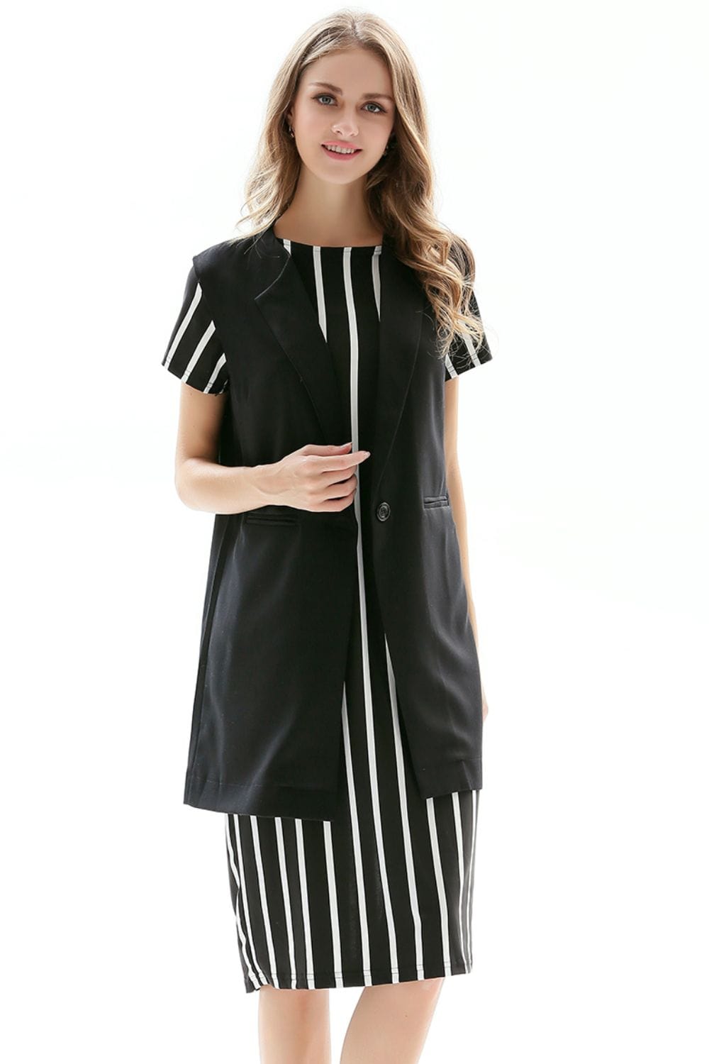 One-Button Sleeveless Longline Blazer - Fashorio