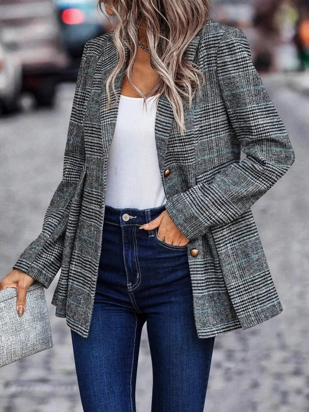 Plaid Button Up Lapel Collar Blazer - Fashorio
