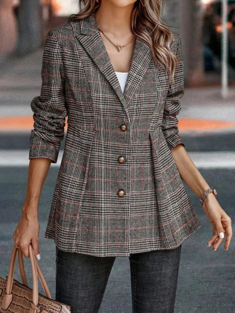 Plaid Button Up Lapel Collar Blazer - Fashorio