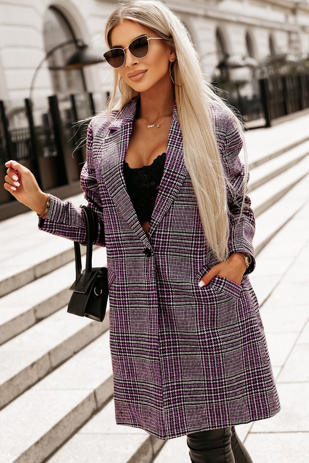 Plaid Lapel Collar Longline Blazer - Fashorio