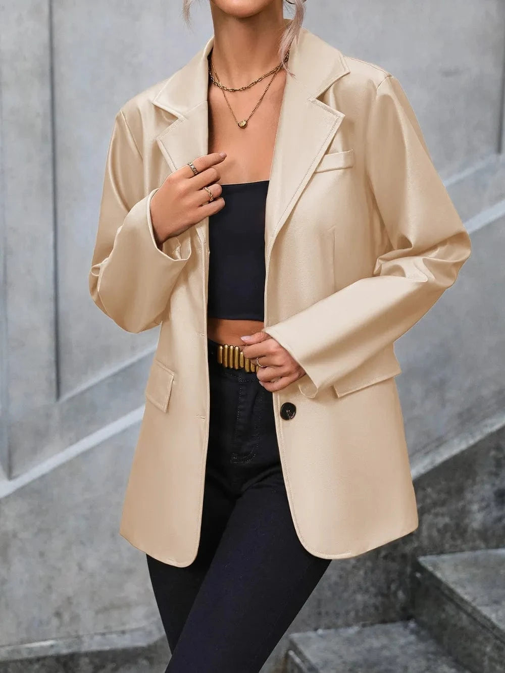 Ivy Lane Pocketed Button Up Collared Neck Blazer Tan - Fashorio