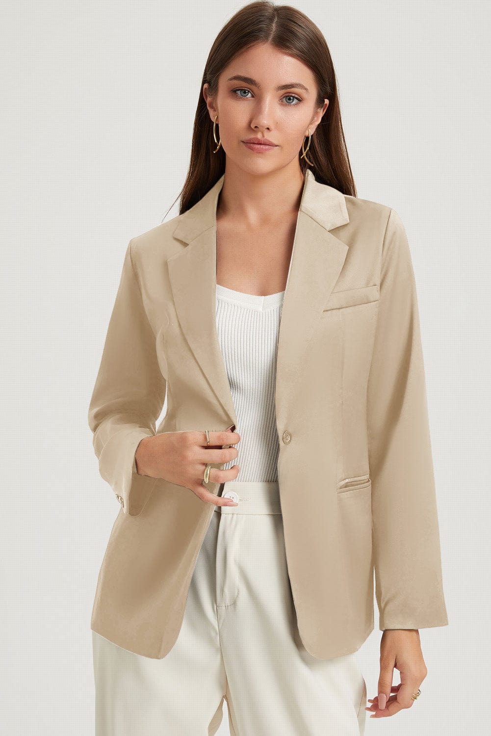 Long Sleeve Lapel Collar Blazer Tan - Fashorio