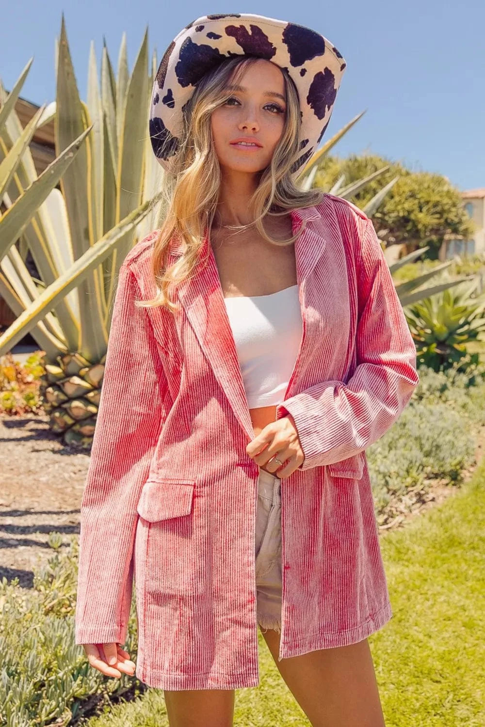 BiBi Ribbed Button Up Long Sleeve Blazer VENTAGE RUBY - Fashorio