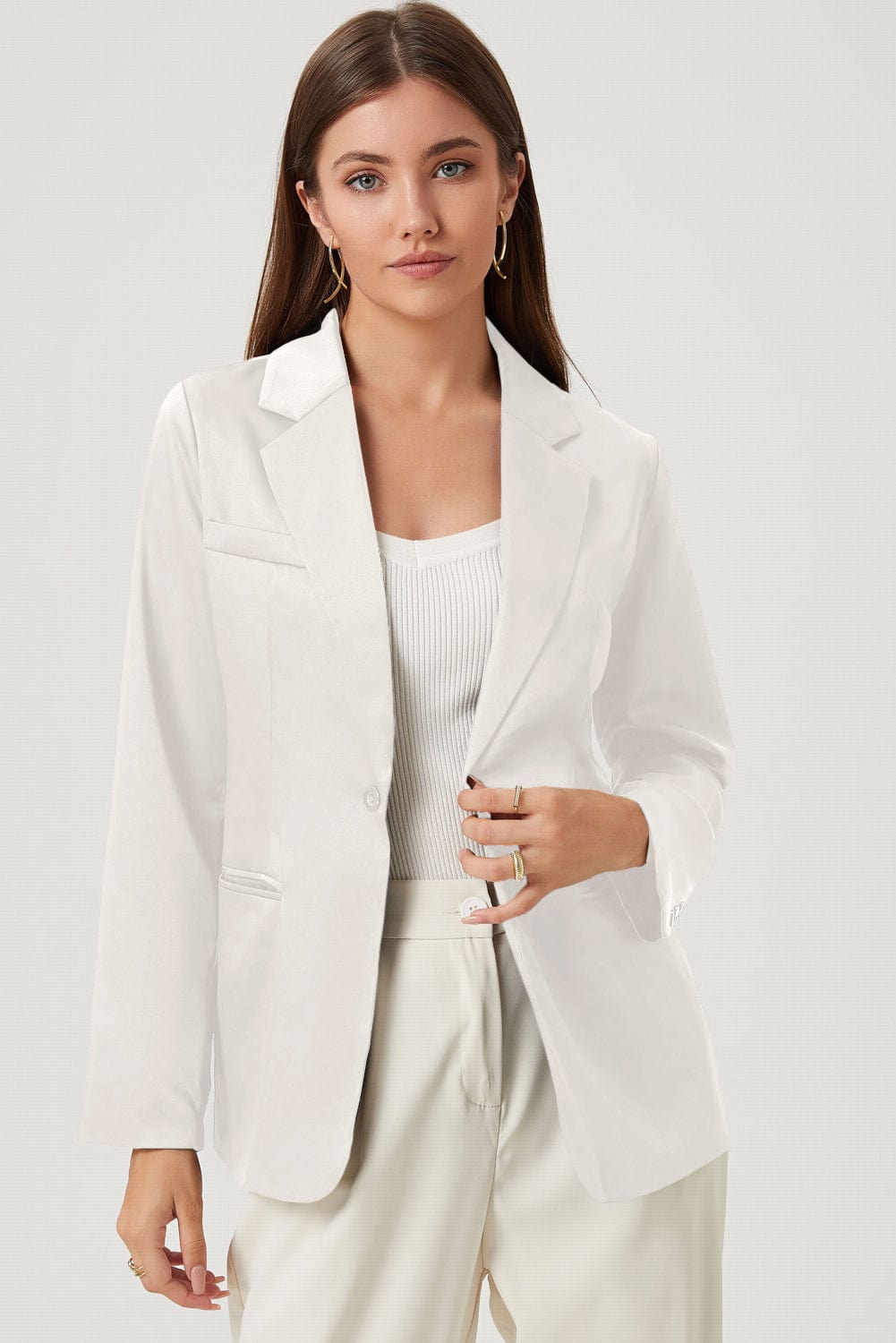 Long Sleeve Lapel Collar Blazer White - Fashorio