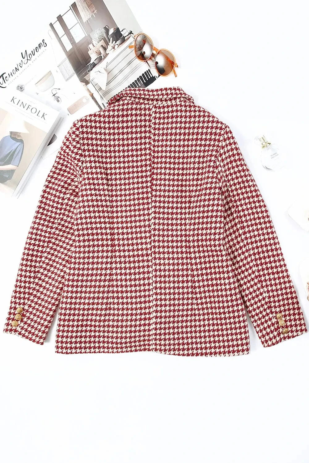 Women’s Houndstooth Double-Breasted Blazer with Classic Collar - Fashorio