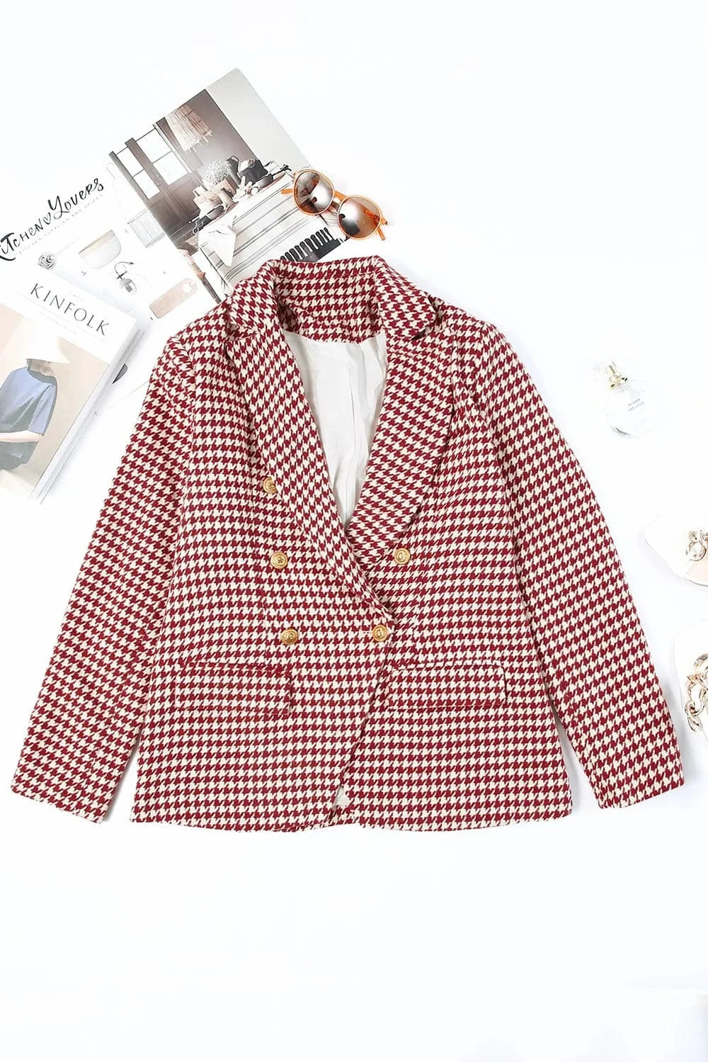Women’s Houndstooth Double-Breasted Blazer with Classic Collar - Fashorio