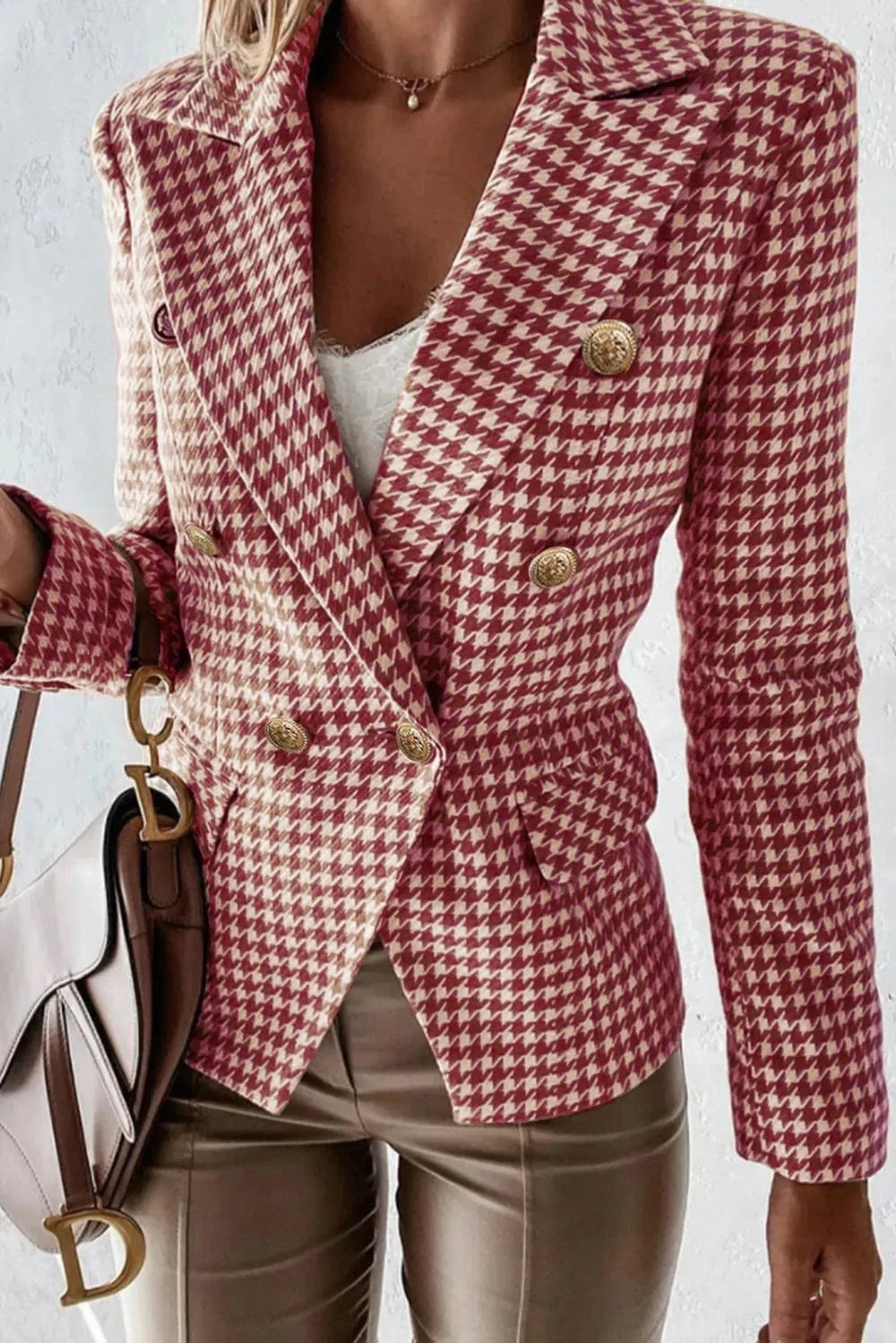 Women’s Houndstooth Double-Breasted Blazer with Classic Collar - Fashorio