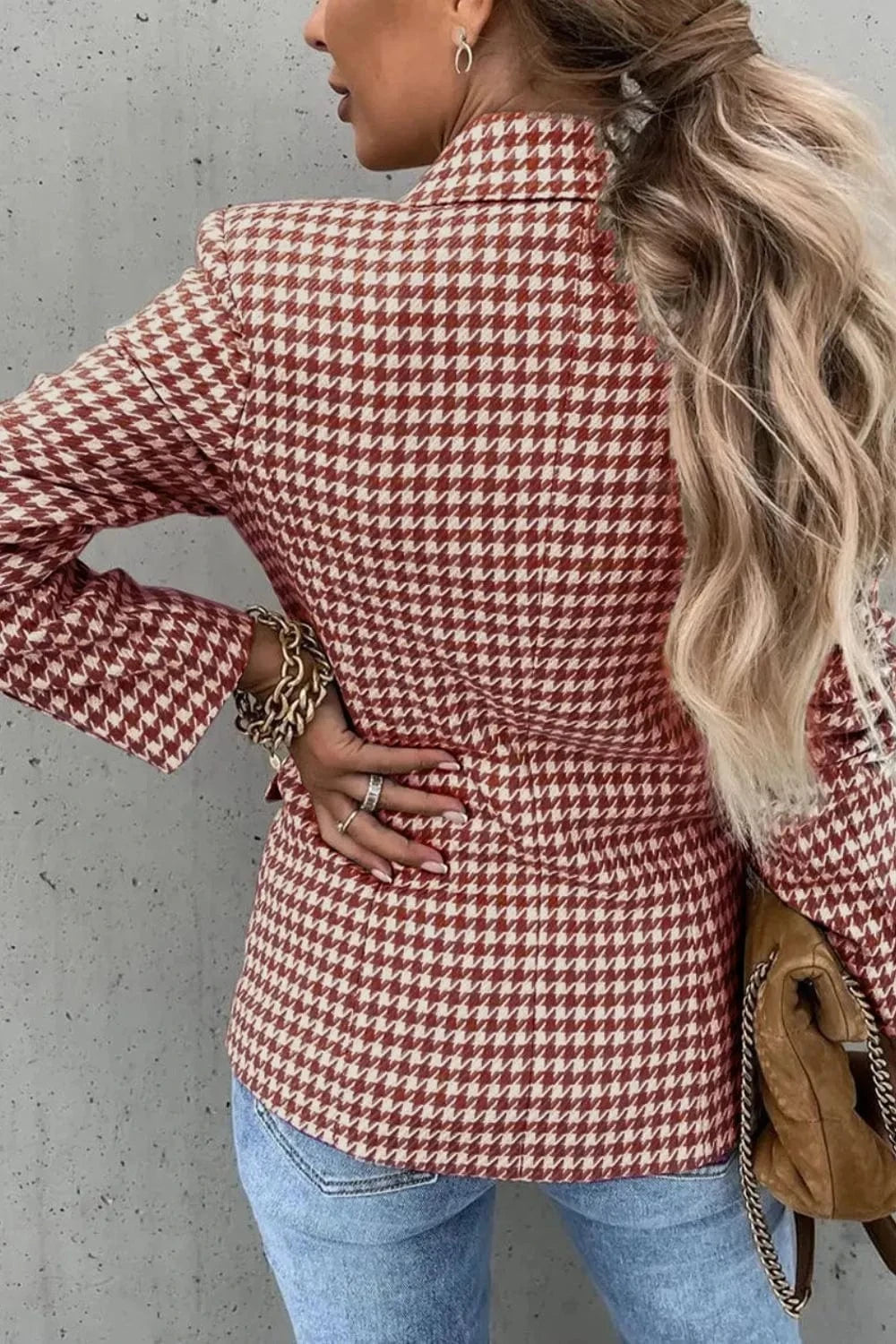 Women’s Houndstooth Double-Breasted Blazer with Classic Collar - Fashorio