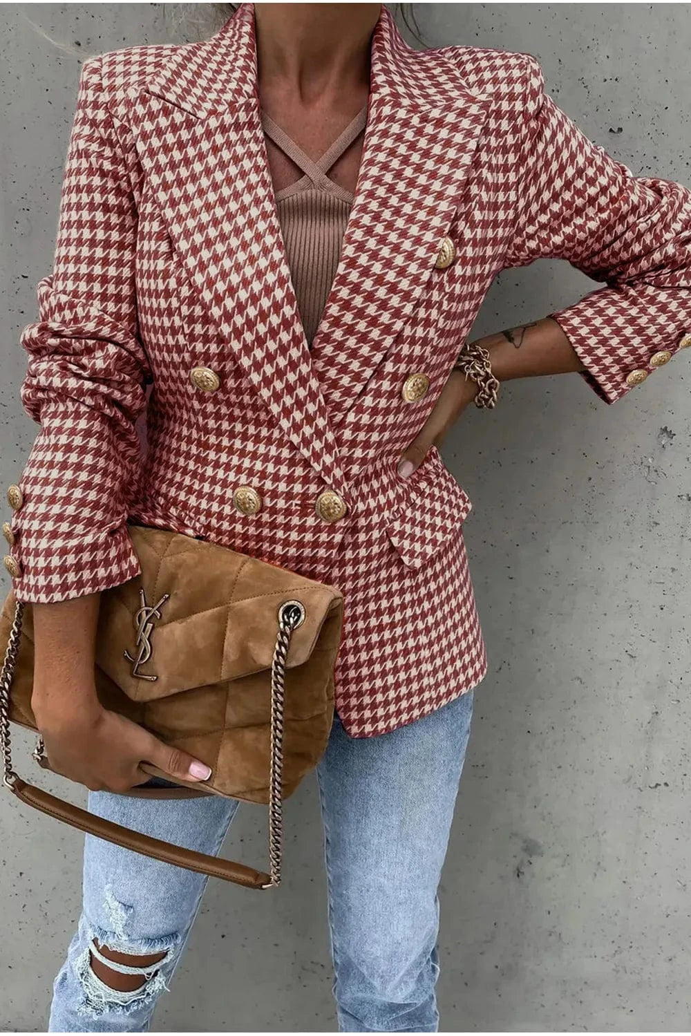 Women’s Houndstooth Double-Breasted Blazer with Classic Collar - Fashorio