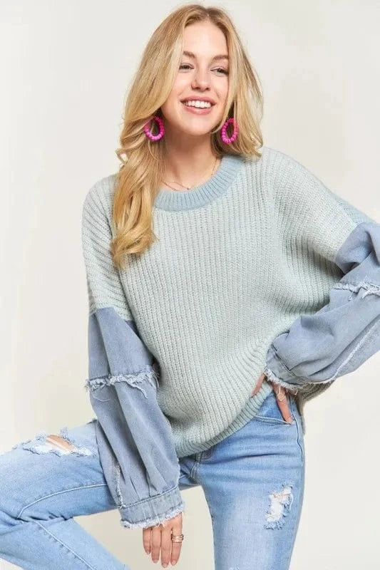 ADORA Plus Size Frayed Denim Sleeve Sweater Top BLUE - Fashorio