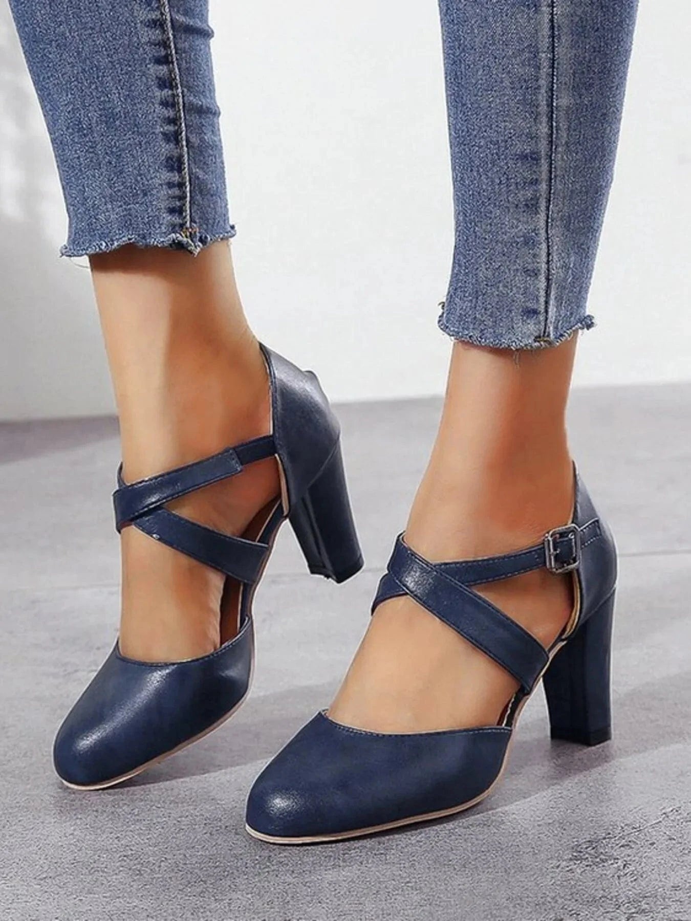 Cross-Strap Block Heel Pumps Blue - Fashorio