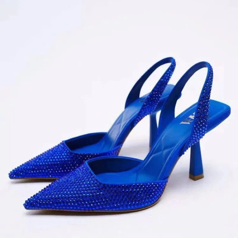 Rhinestone Slingback High Heel Pumps Blue - Fashorio