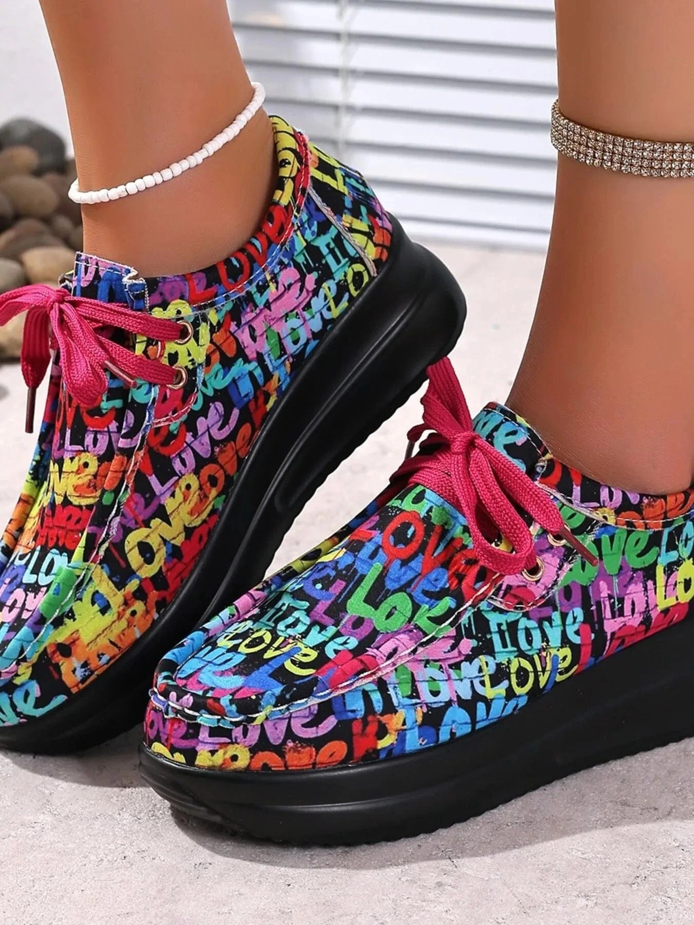 Graffiti Print Platform Sneakers Blue - Fashorio