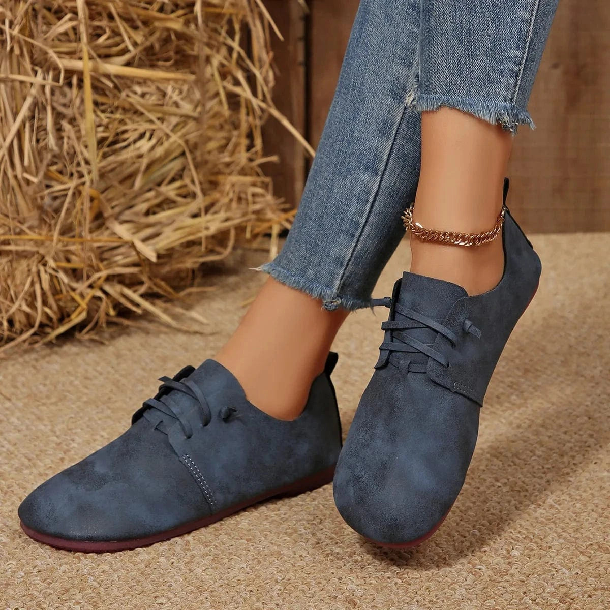 Lace-Up Flats Loafers Blue - Fashorio