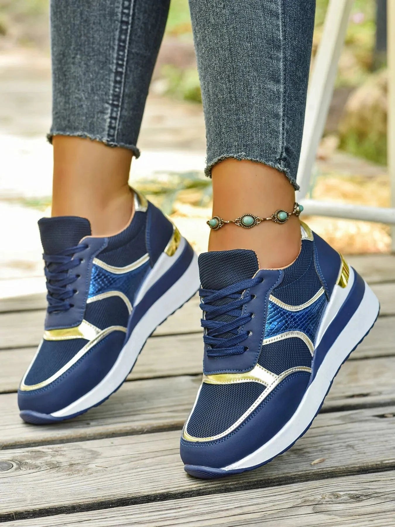 Lace Up Wedge Sneakers Blue - Fashorio