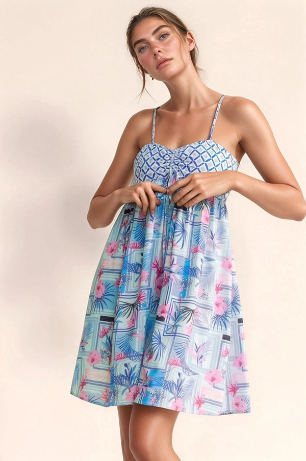 Davi & Dani Tropical Floral Geo Print Tie Back Tube Top Romper BLUE PINK - Fashorio