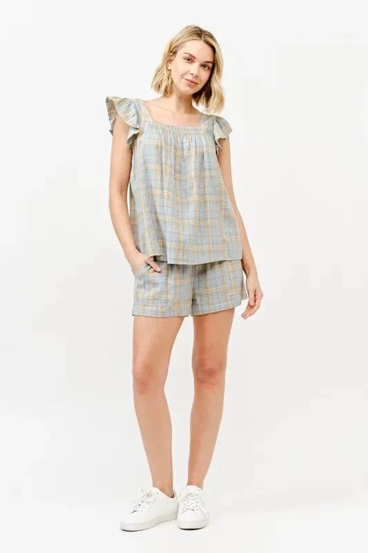 And The Why Plaid Print Smocked Detail Casual Shorts BLUE - Fashorio