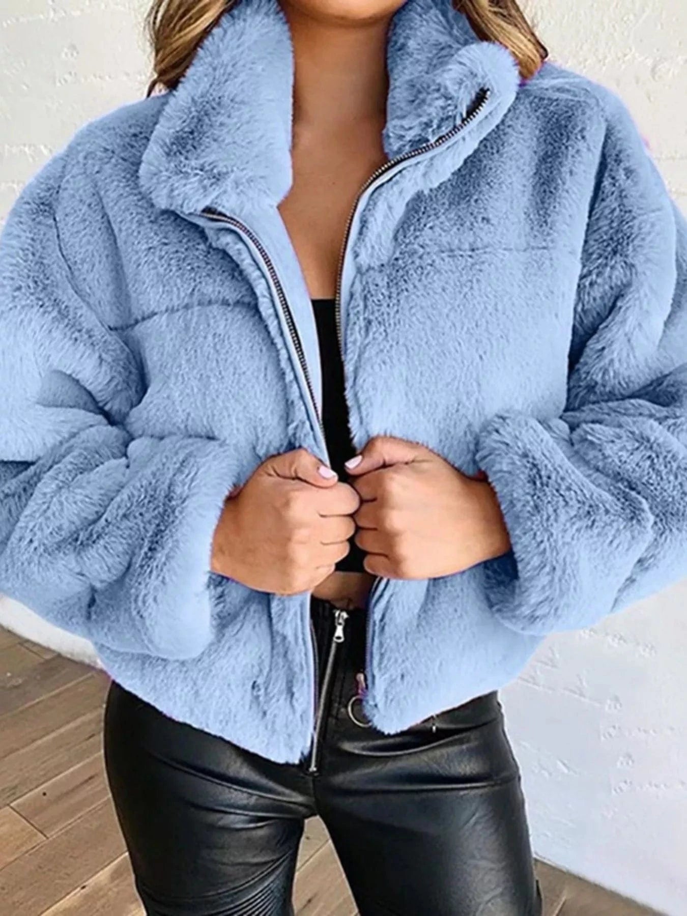Full Size Faux Fur Cropped Zip-Up Jacket Plus Size Blue - Fashorio