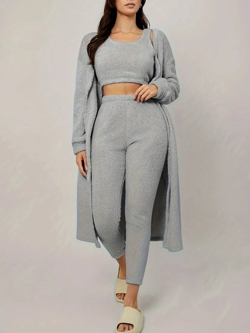 Fashorio Blue / S Fuzzy Tank Long Sleeve Cardigan and Pants 3-Piece Lounge Set