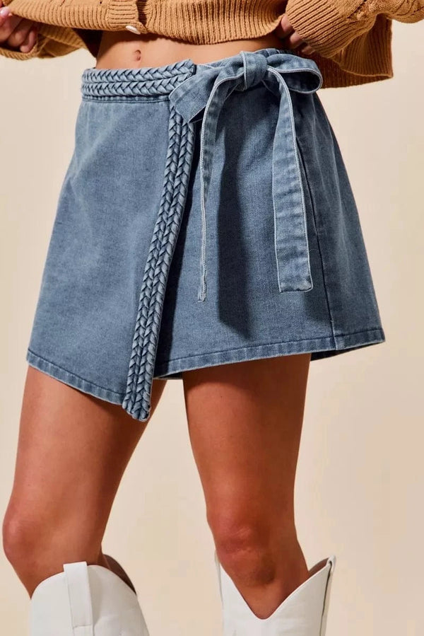 SO ME Wrap Braided Trimmed Denim Skort BLUE - Fashorio