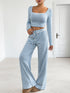 Fashorio Blue / S Striped Square Neck Long Sleeve Top and Pants Lounge Set