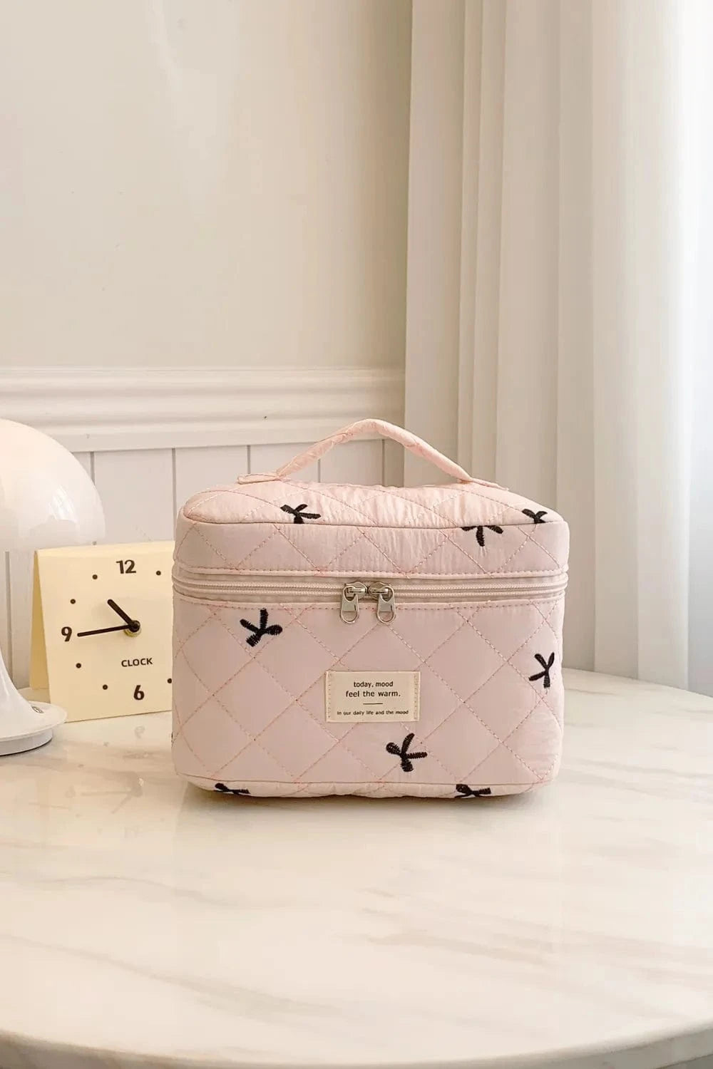 Bow Embroidered Quilted Storage Bag with Zip Blush Pink One Size - Fashorio