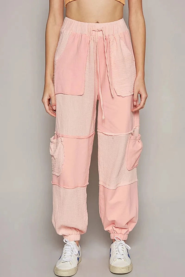 POL Drawstring Pocketed Contrast Jogger Pants Blush Pink - Fashorio