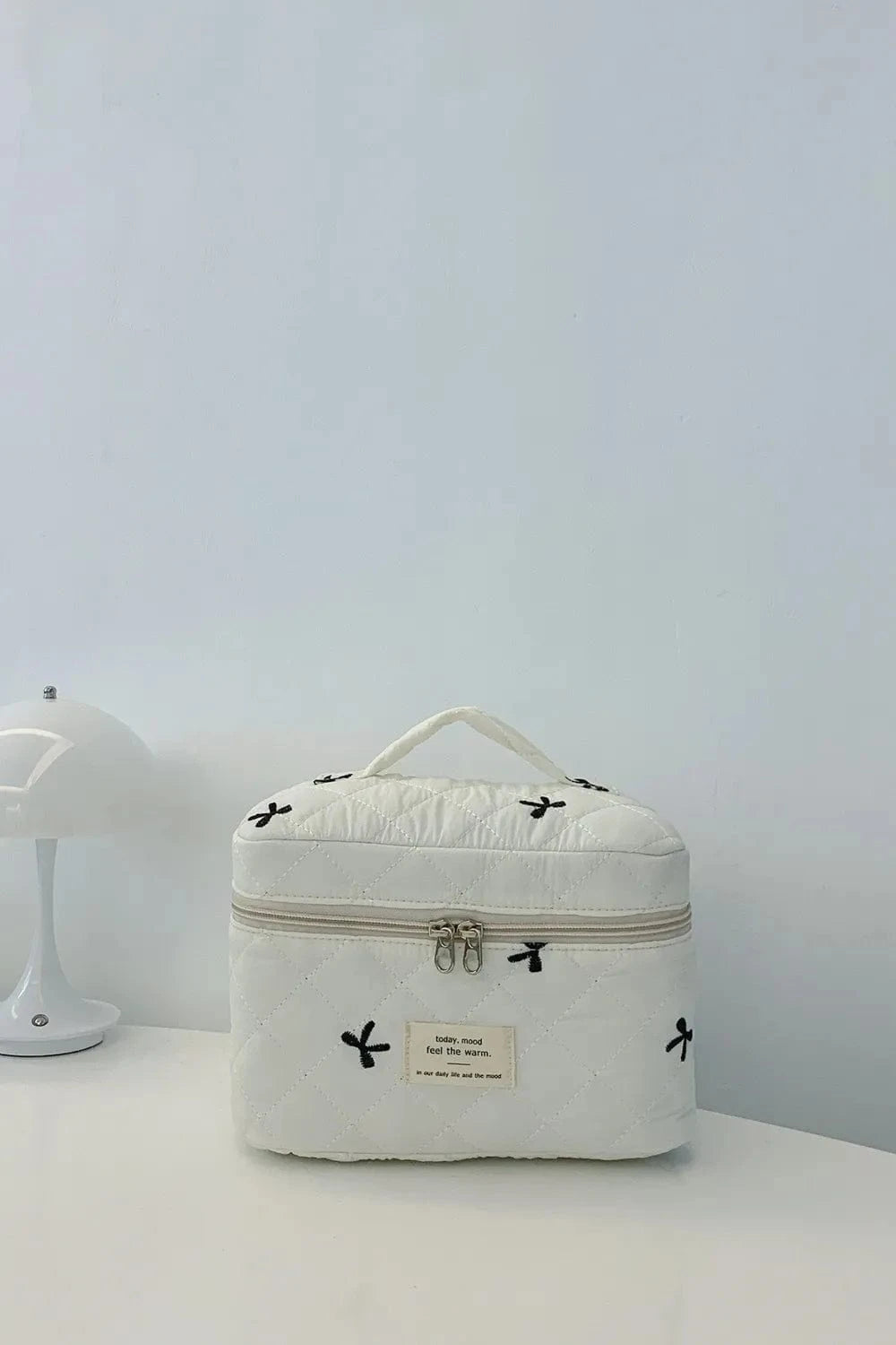 Bow Embroidered Quilted Storage Bag with Zip - Fashorio