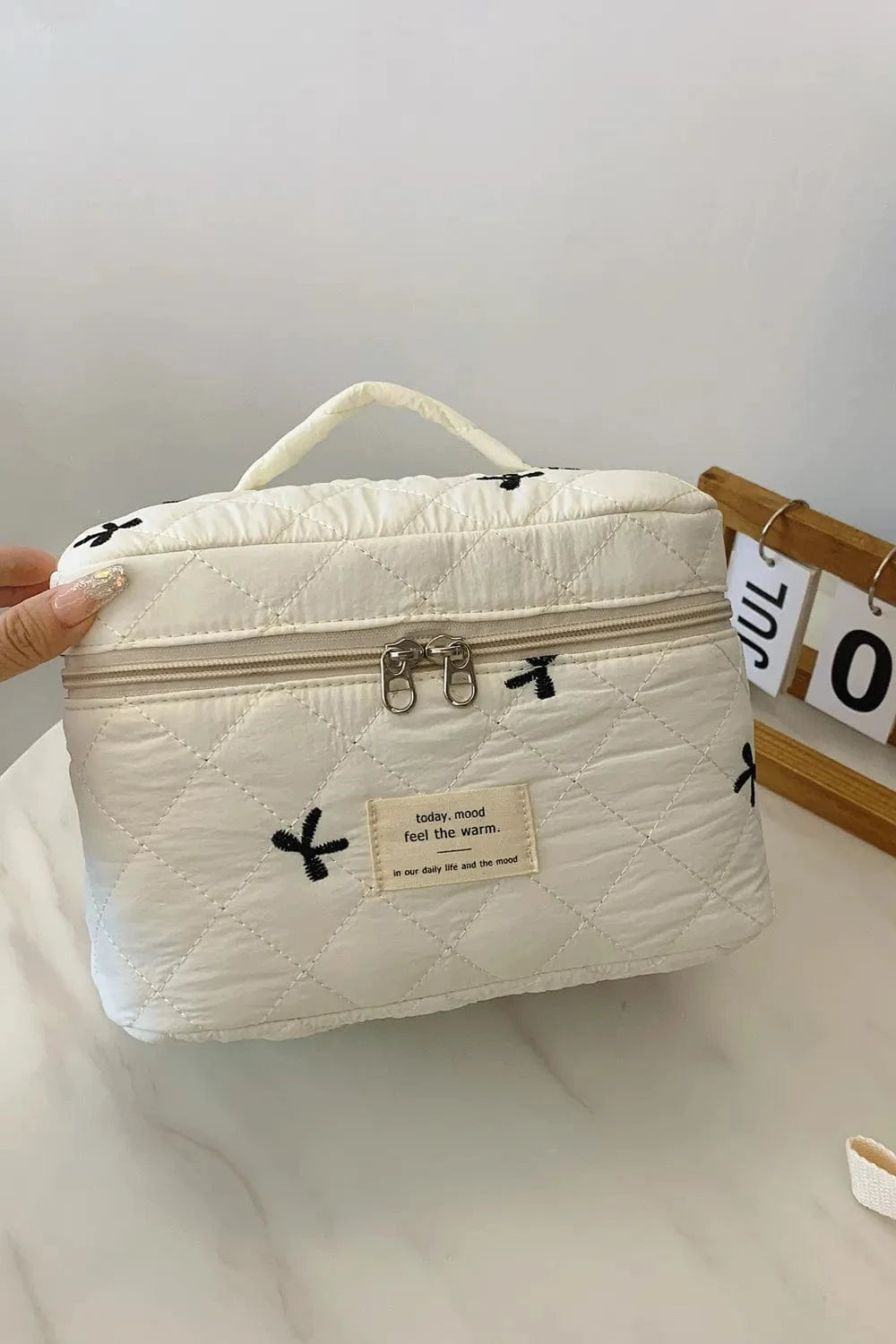 Bow Embroidered Quilted Storage Bag with Zip - Fashorio