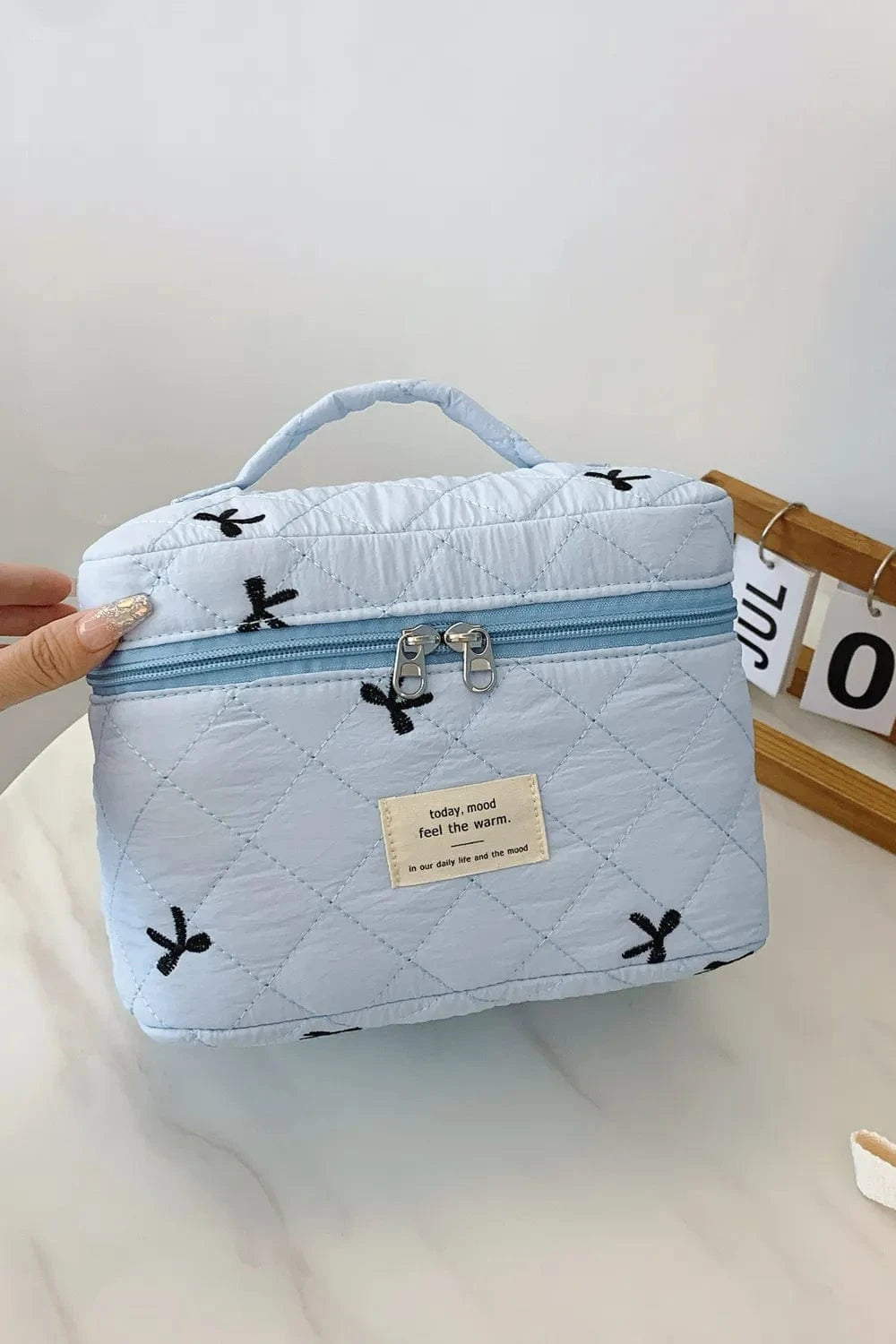 Bow Embroidered Quilted Storage Bag with Zip - Fashorio
