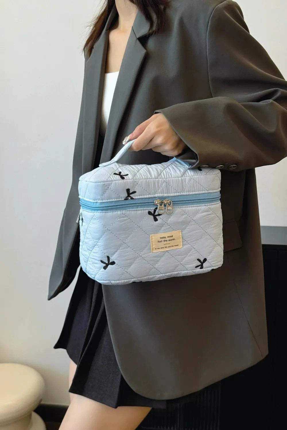 Bow Embroidered Quilted Storage Bag with Zip - Fashorio